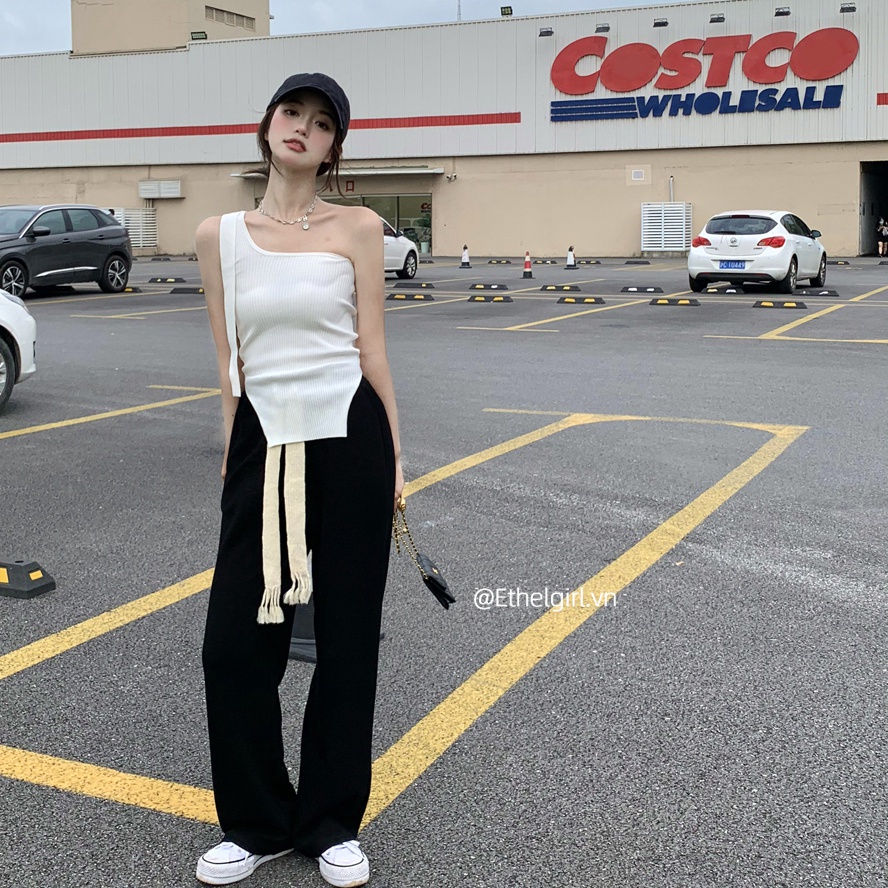 Quần Dài Thể Thao Lưng Thun Ống Rộng Rãi Màu Đen Thời Trang Hàn Quốc Sành Điệu Cho Nữ