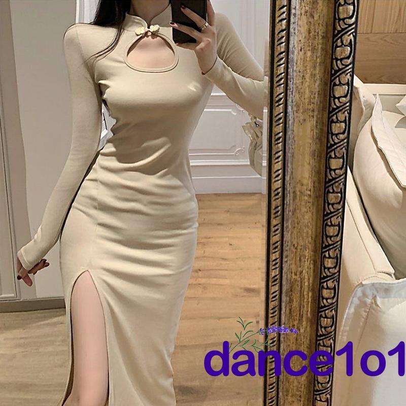 ✩Kt♂Đầm Ôm Cổ Đứng Xẻ Tà Cao Màu Trơn Cho Nữ