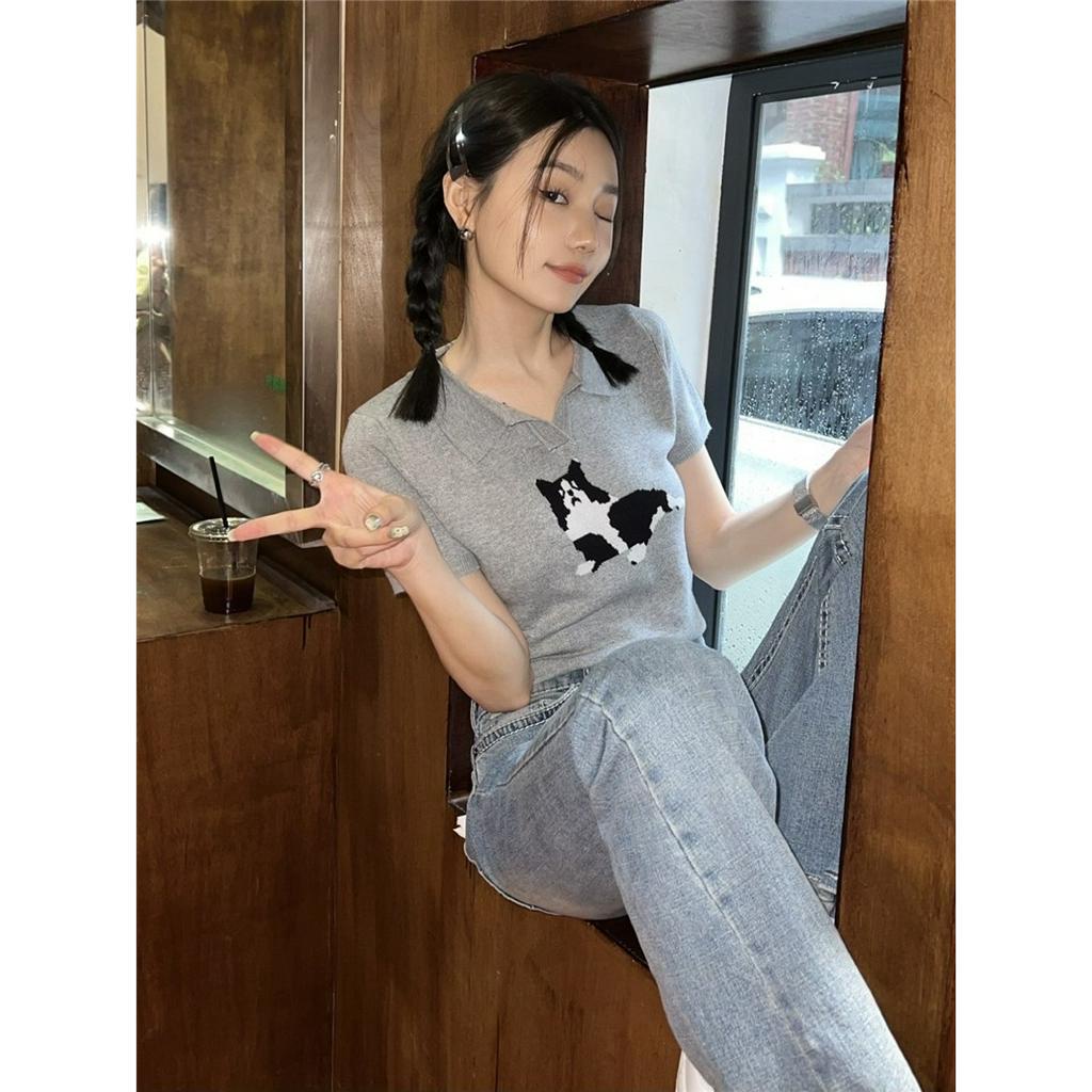 ZHELIHANGFEI Áo len dệt kim phong cách Hàn Quốc POLO cổ mèo jacquard phần mỏng mỏng phù hợp với tất cả các trận in áo đi làm ins