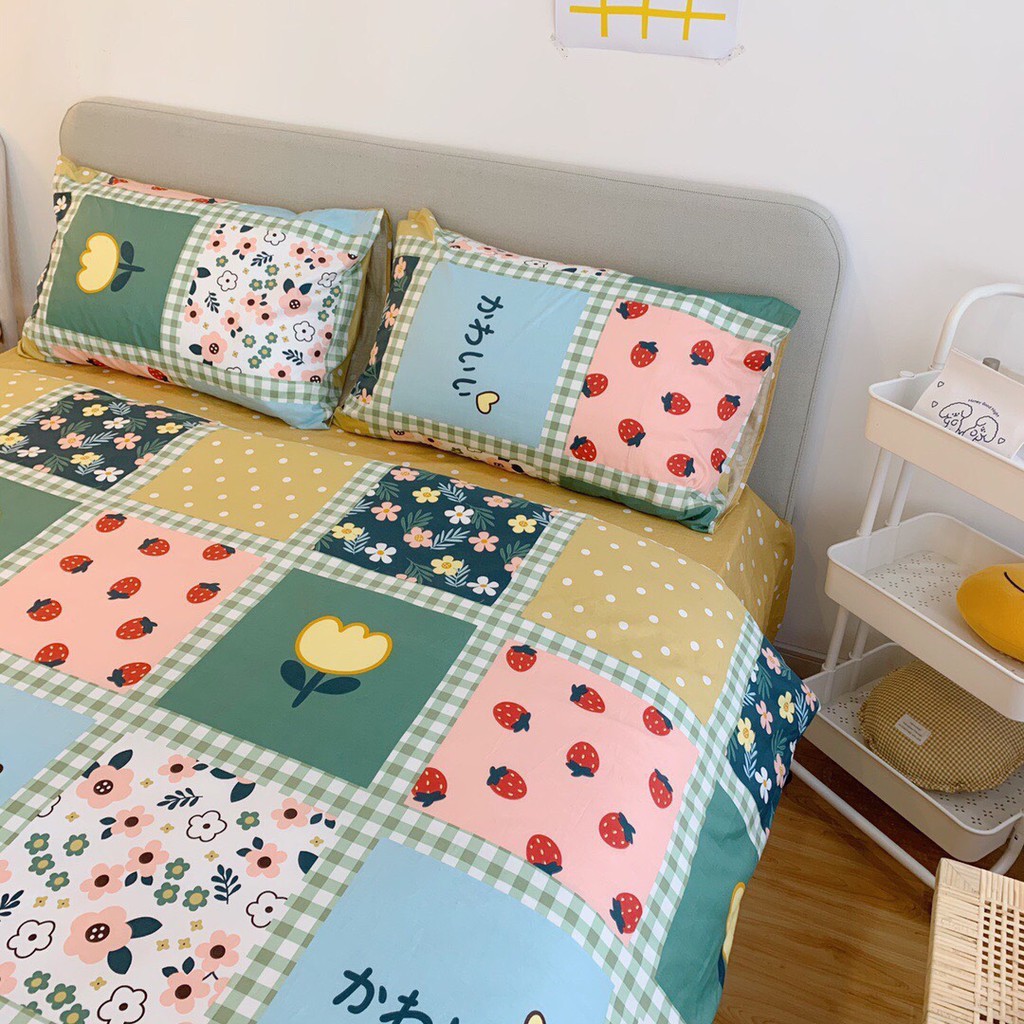 Bộ chăn ga cotton living  100% cotton- mẫu hoa và quả