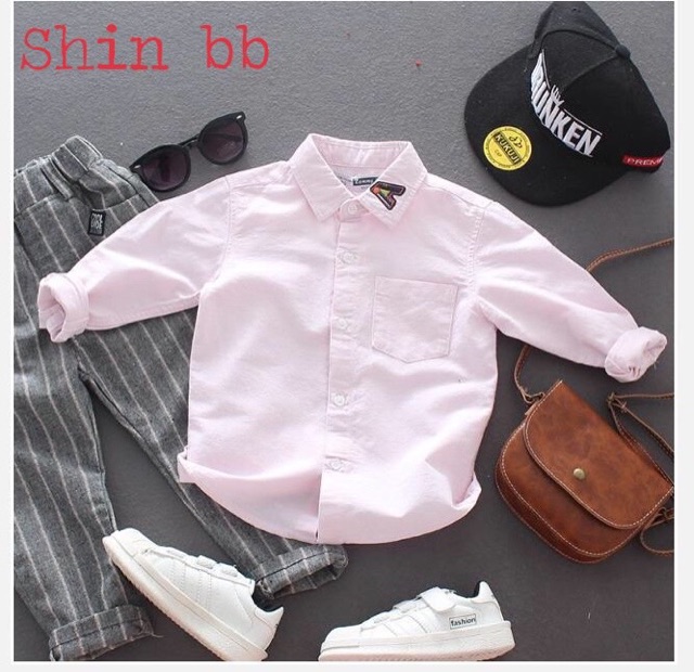 8-25kg. ÁO SƠ MI DÀI TAY BÉ TRAI CỔ THÊU CHỮ A BỐN MÀU CƠ BẢN SANG CHẢNH