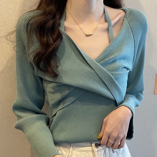 【ZHELIHANGFEI】Áo Dệt Kim Tay Dài Cổ Chữ V Giả Hai Lớp Thời Trang Cá Tính Trẻ Trung