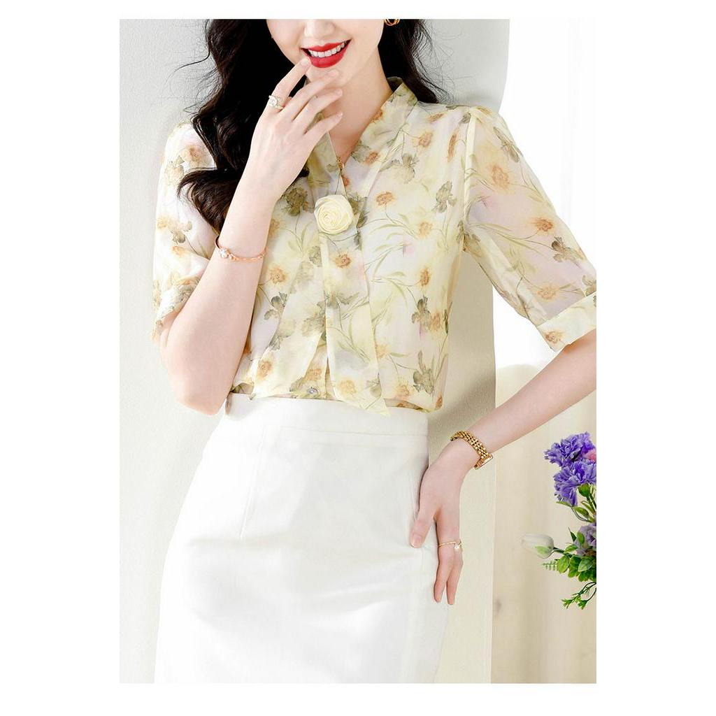 Áo Sơ Mi Chiffon Tay Ngắn In Họa Tiết Tranh Sơn Dầu Phong Cách Pháp Thời Trang 2023 Cho Nữ áo cr