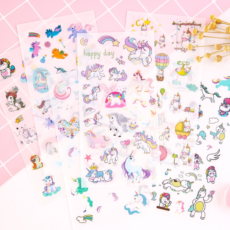 Bộ 6 tấm sticker dán trang trí album ảnh trong suốt hình kỳ lân hoạt hình nhật bản