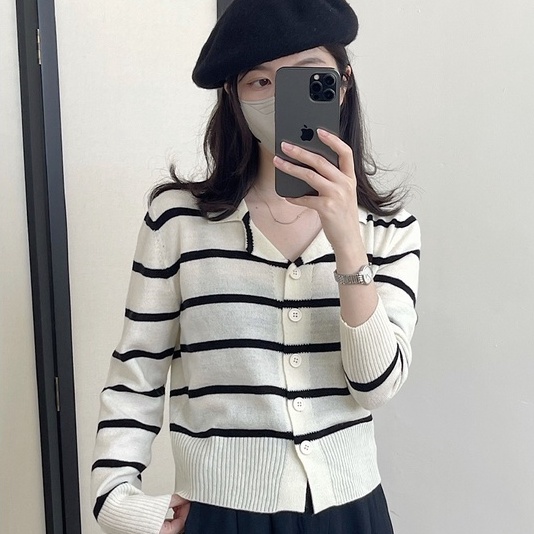 【ZHELIHANGFEI】Áo Cardigan Dệt Kim Dáng Rộng Họa Tiết Kẻ Sọc Dễ Phối Đồ