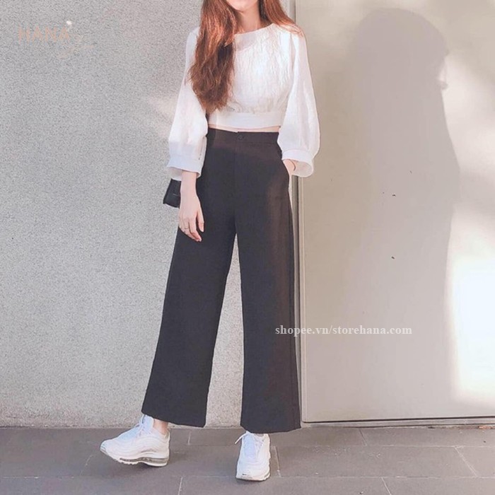 Quần đũi dài nữ ống rộng lưng thun cao - Dáng ống suông dài 100cm - Cúc cài Khóa thật - Màu trắng đen - Chất vải đũi xịn
