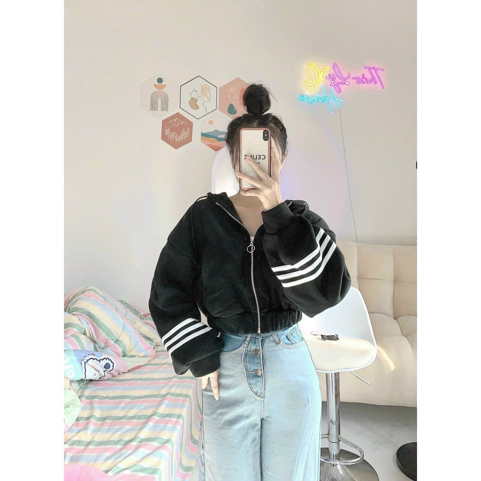 Áo Khoác Hoodie Nữ Kiểu Croptop Phối Viền Sọc Tay Có Nón Vải Thun Nỉ Ngoại Mềm Mịn