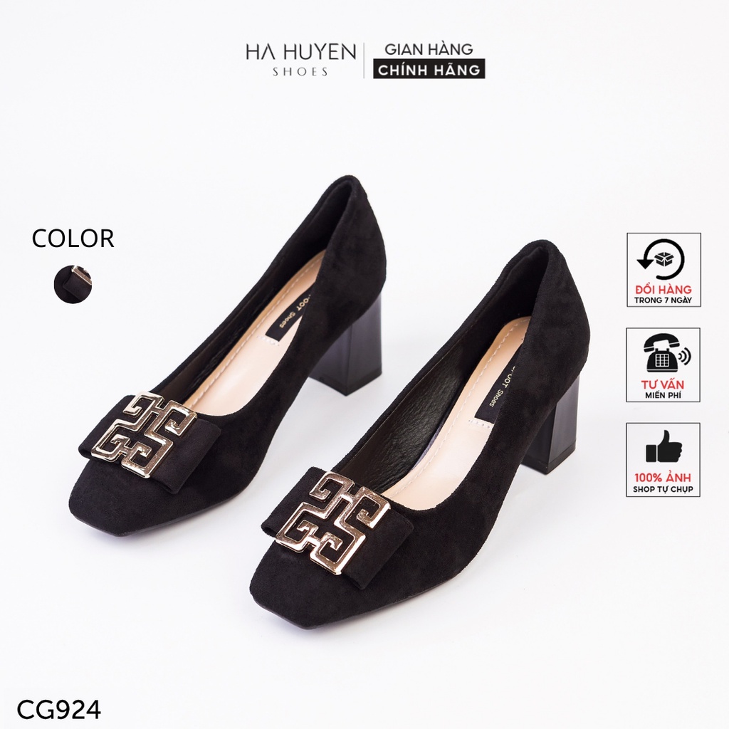 Giày cao gót nữ Hà Huyền Shoes da lộn khóa xoắn gót vuông vàng GV 5p - CG924