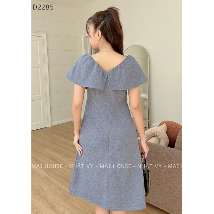 Đầm Nữ NHẬT VY Sát Nách Cổ V Tay Bèo Trễ Vai Chất Linen Đi Tiệc Dáng Suông Màu Xanh, Nude - D2285