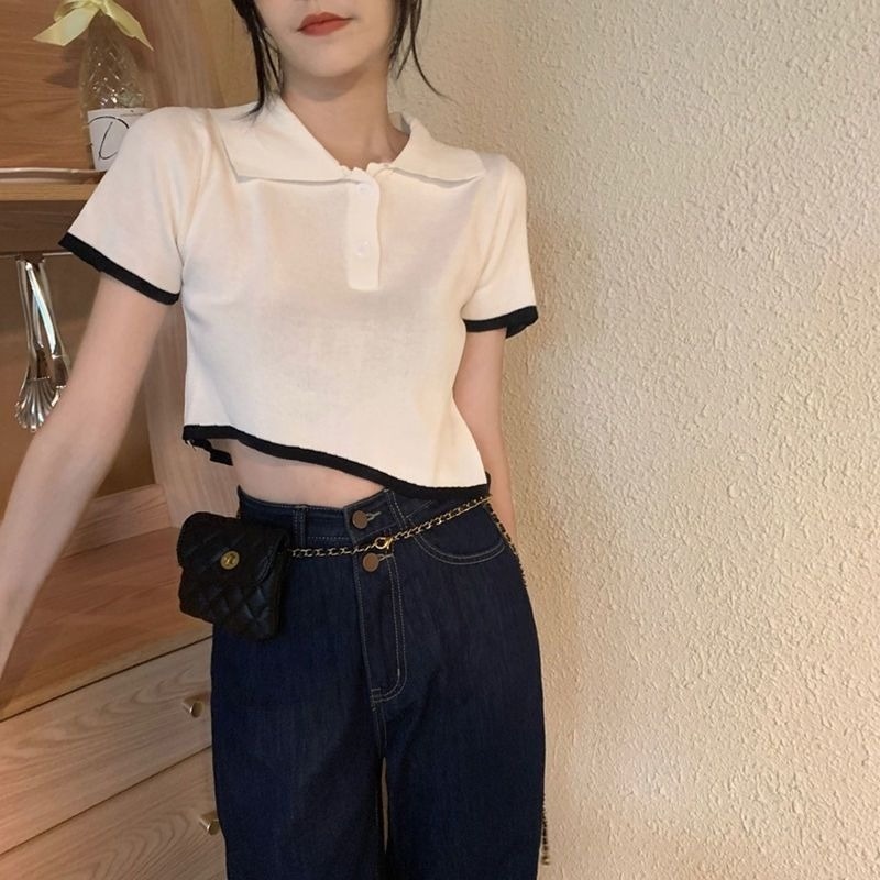 Áo polo Mỏng Tay Ngắn Màu Đen Thời Trang Mùa Hè Dành Cho Nữ