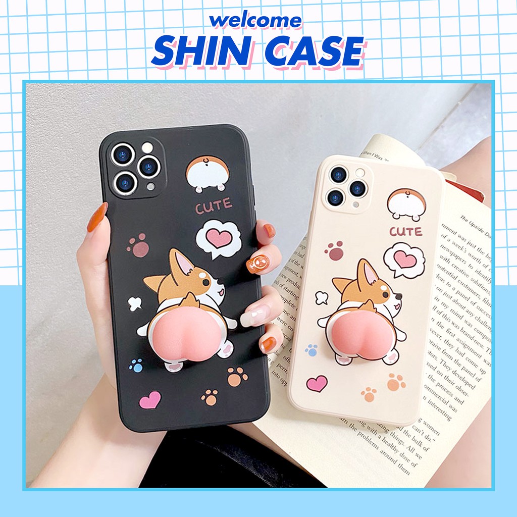 Ốp lưng iphone Corgi gắn đào cạnh vuông 6/6plus/6s/6splus/7/7plus/8/8plus/x/xs/11/12/13/14/pro/max/promax/plus/shin/case