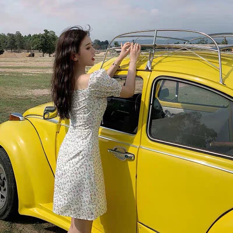 Váy hoa nhí Hàn Quốc tay bồng nhún ngực cột dây dáng chữ A | BigBuy360 - bigbuy360.vn