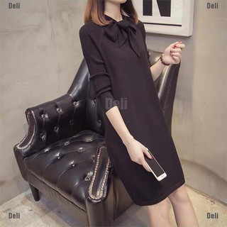 Đầm len gân cổ thắt nơ