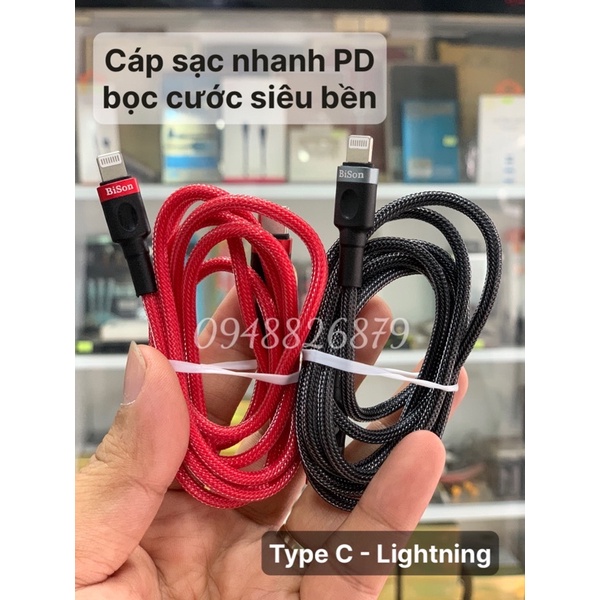 Cáp Bison PD sạc nhanh (C - Lightning) chất liệu bọc cước siêu bền bỉ, chống xù lông khi sử dụng dài 120cm - BH 2 Năm