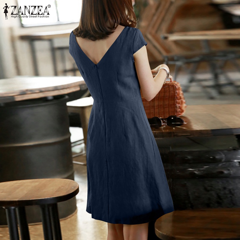 Đầm mini ZANZEA tay ngắn cổ tròn màu trơn có khóa kéo thời trang cho nữ