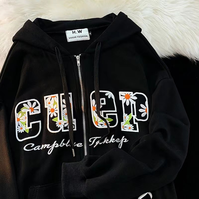 ZHELIHANGFEI Áo Hoodie Tay Dài Dáng Rộng Thêu Họa Tiết Phong Cách Nhật Bản