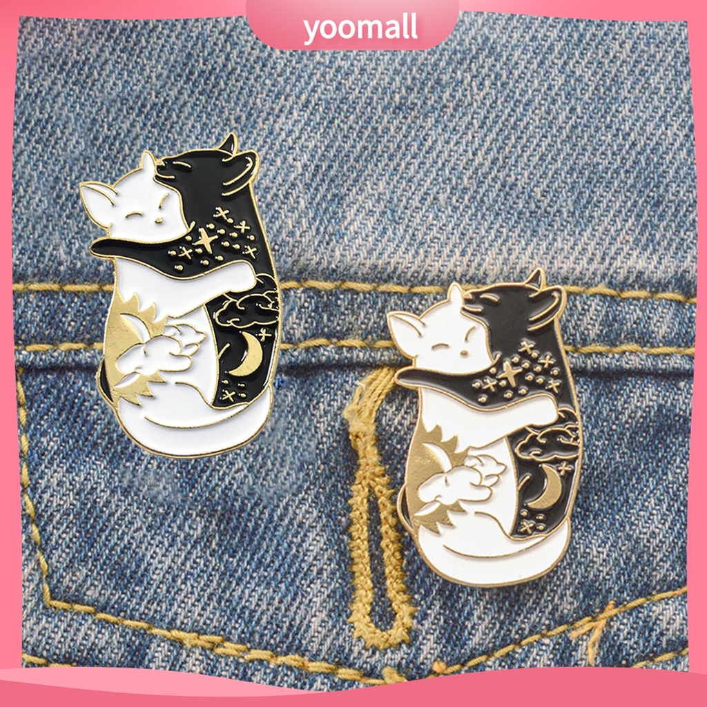 YOML✔Cute Black White Hugging Cat Enamel Brooch Pin Denim Jacket Collar Badge Gift