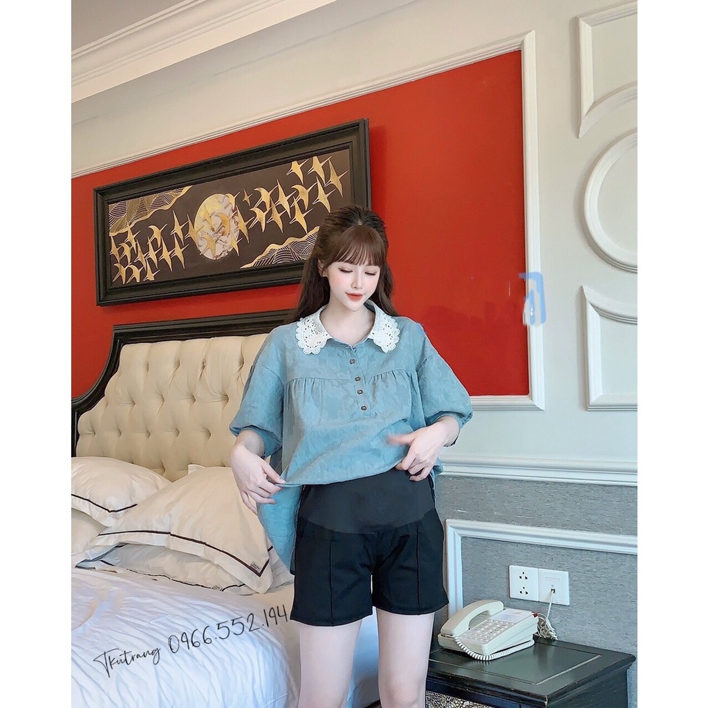 Áo bầu mùa hè - Áo sơ mi bầu cổ ren hoa 3D (50-75kg)