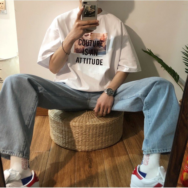 Áo thun nam tay lỡ in chữ kiểu dáng basic form rộng cực năng động