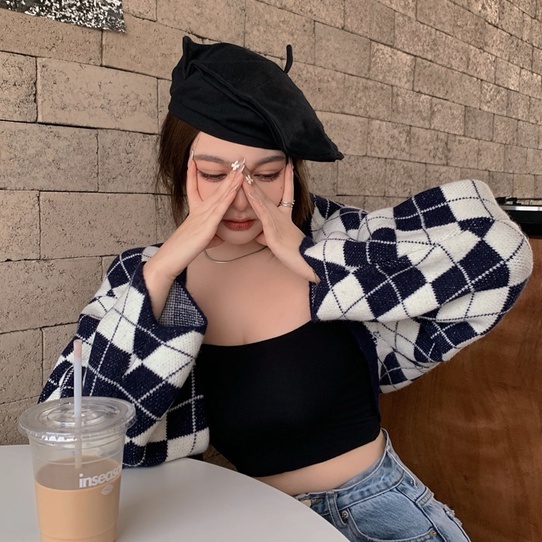 【ZHELIHANGFEI】Áo Khoác Cardigan Dệt Kim Tay Dài Họa Tiết Sọc Caro Phong Cách Quyến Rũ