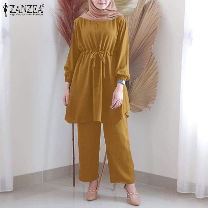 Set đồ ZANZEA gồm áo tay dài cổ tròn và quần dài ống rộng phong cách hồi giáo thời trang cho nữ