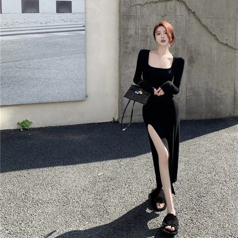 2022 Phụ Nữ Mùa Thu Phong Cách Mới Đầm Midi Cổ Vuông Thời Trang Váy Xẻ Tà Sexy