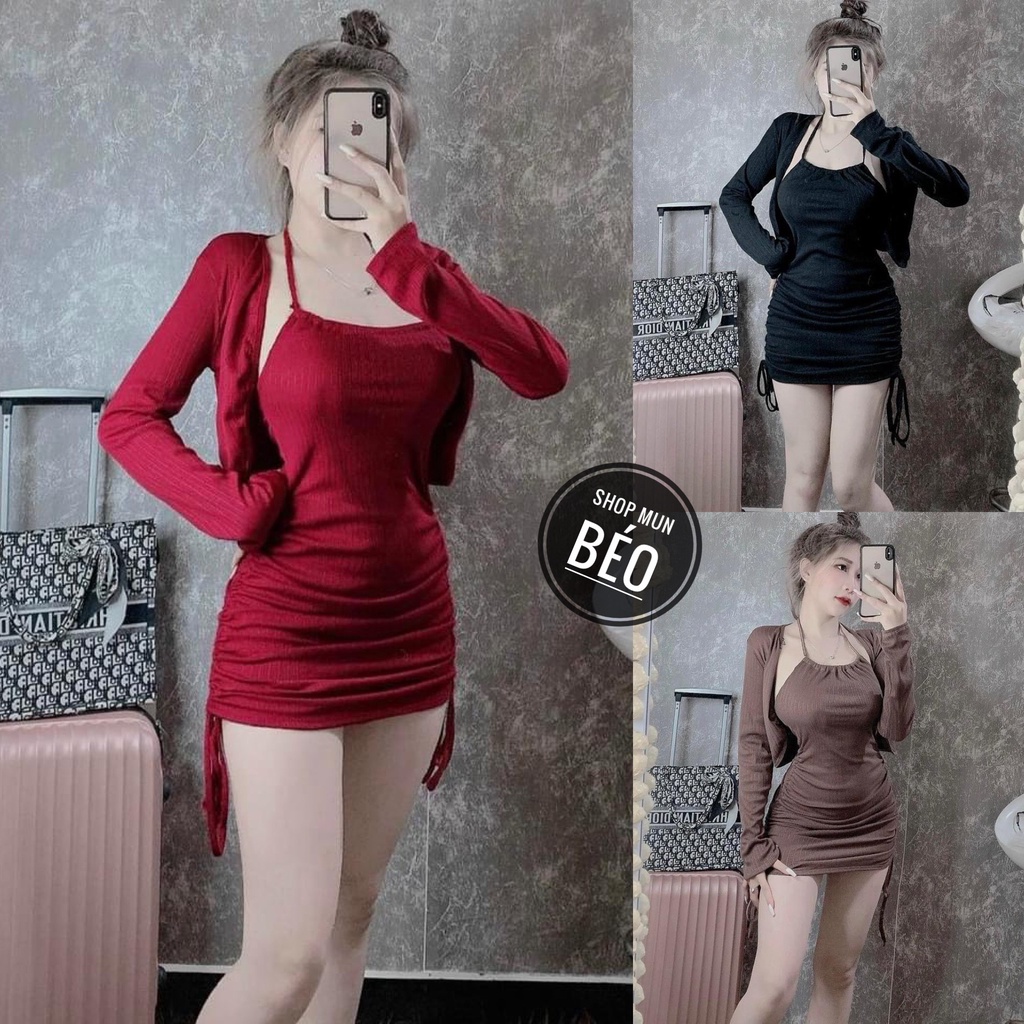 Set đầm yếm rút sườn có mút kèm áo khoác chất thun gân xương cá thích hợp mặc đi làm đi chơi phù hợp với mọi phong cách