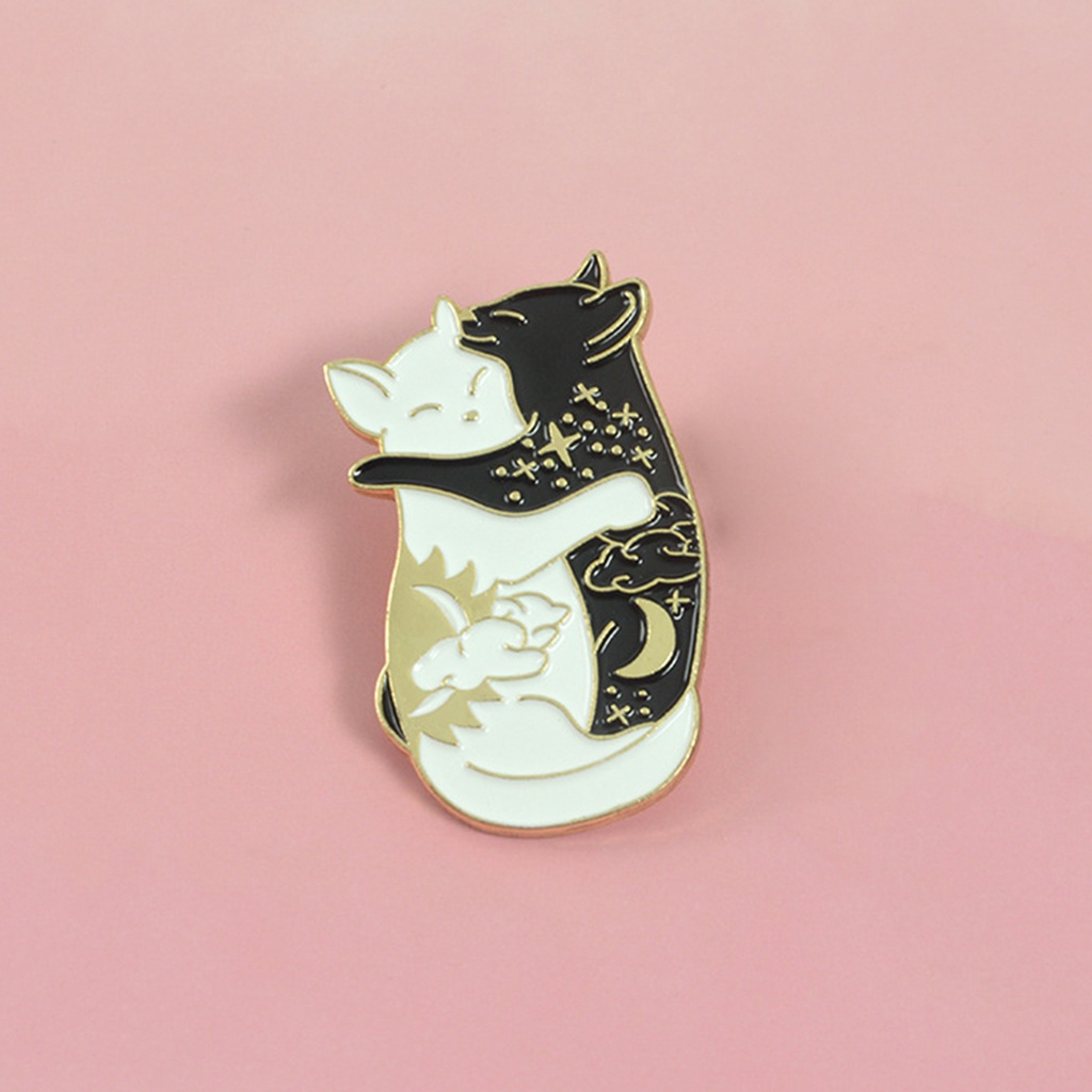YOML✔Cute Black White Hugging Cat Enamel Brooch Pin Denim Jacket Collar Badge Gift