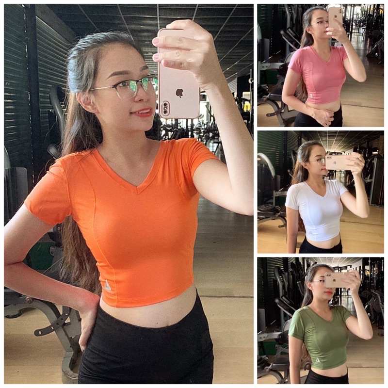 Áo croptop thể thao tập gym, yoga cổ tim ôm body vải thun co dãn 4 chiều