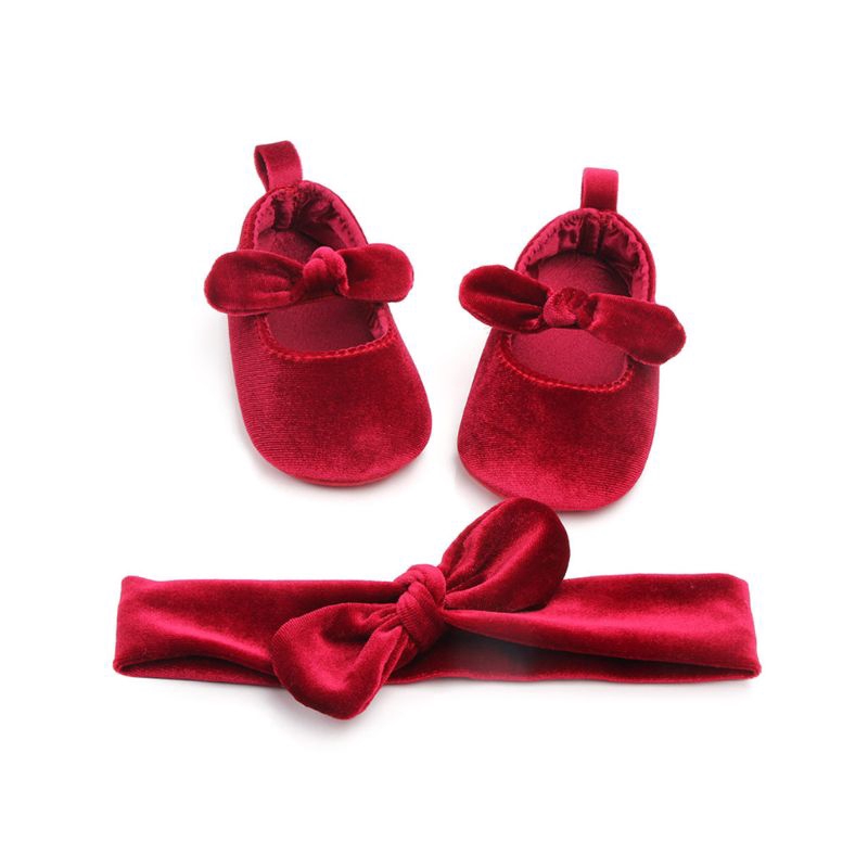 Bộ 2 món / bổ đôi giày tập đi bằng cotton phối nơ chống trượt + băng đô xinh xắn cho bé sơ sinh