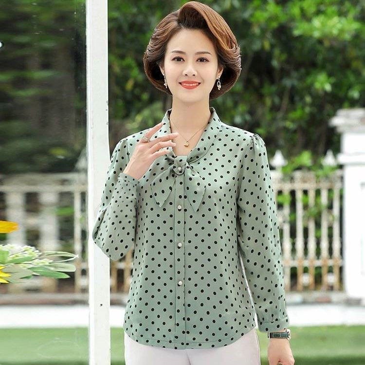 Áo sơ mi chiffon tay ngắn họa tiết chấm bi thời trang cho phụ nữ trung niên