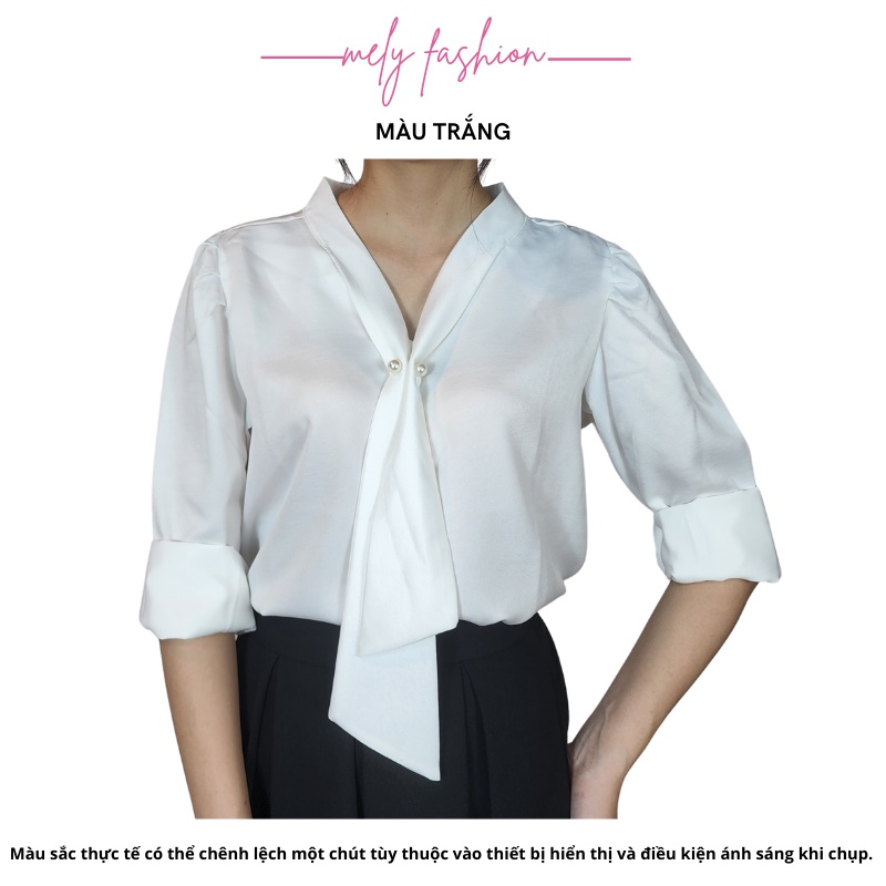 Áo sơ mi công sở nữ lụa trắng đẹp form rộng cổ V dây nơ gài ngọc kiểu sang trọng có BIGSIZE đi làm đi chơi đi học ASM04