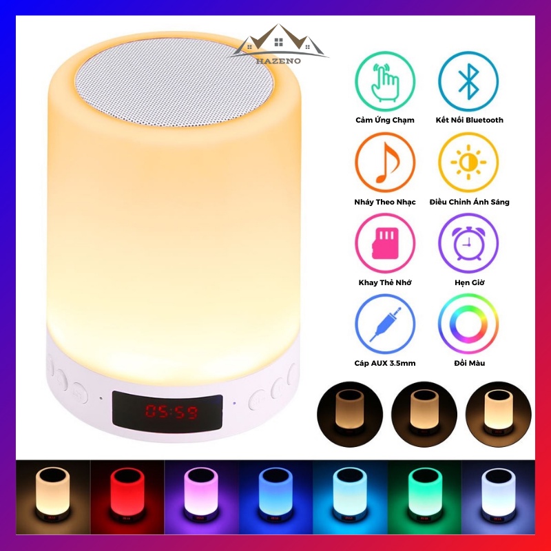 Loa Bluetooth Cảm Biến Led Theo Nhạc, Loa Bluetooth Thông Minh Kèm Đèn Ngủ 7 Màu Có Đồng Hồ Báo Thức HAZENO ZN024