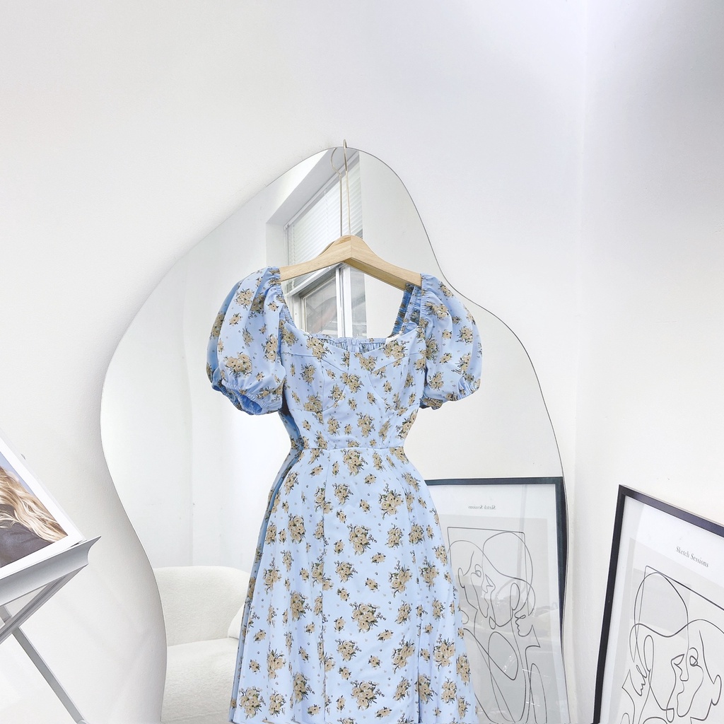 ĐẦM XANH HOA VÀNG TAY BỒNG RÃ NGỰC CHUN SAU LƯNG