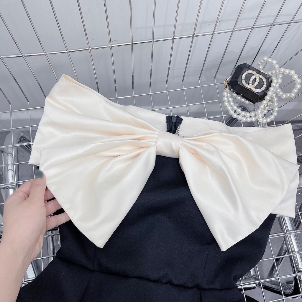 Đầm trễ vai nơ ngực lụa dáng dài sang trọng - kèm ảnh thật - DiDi Store
