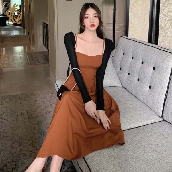 French style sexy collarbone sling dress women's graceful waist-tight figure-showing Midi A- Line dress