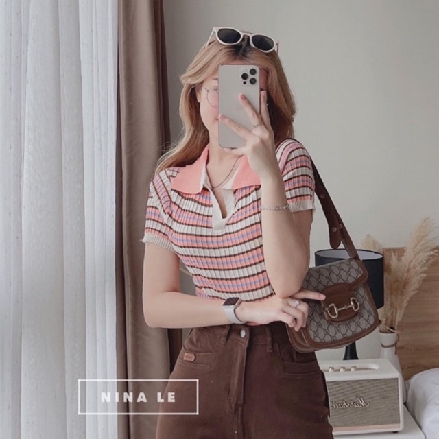 Áo len polo kẻ ngang phối màu, Áo kiểu dáng ôm ngắn tay len mỏng AL6544 - NhiNhi Shop