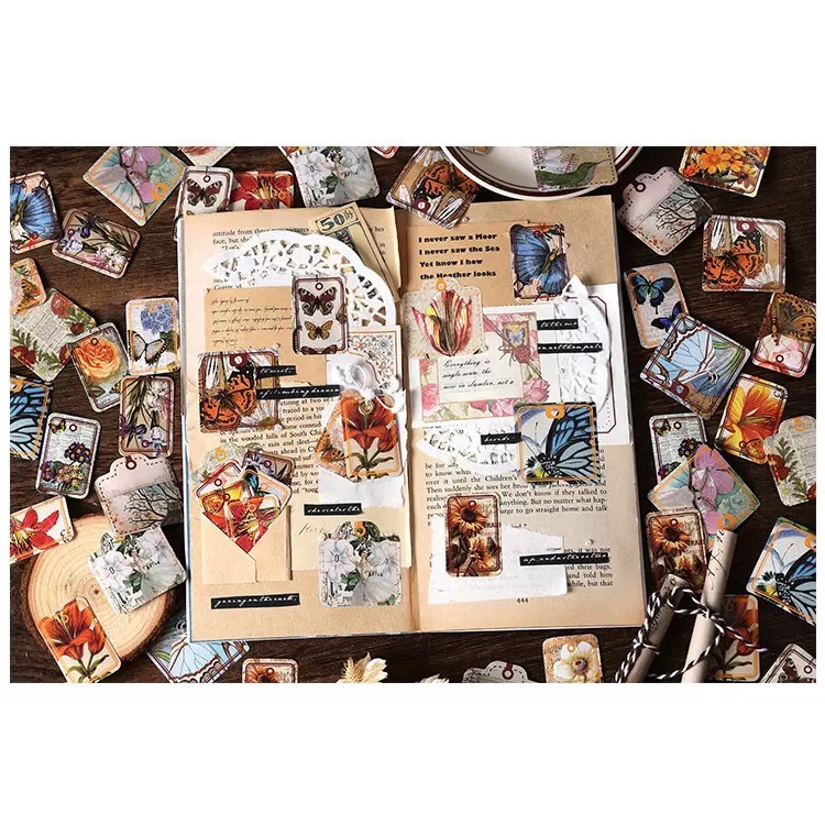 Hộp sticker nhãn dán 46 miếng cổ điển vintage dùng trang trí sổ bullet journal phụ kiện decor chụp ảnh