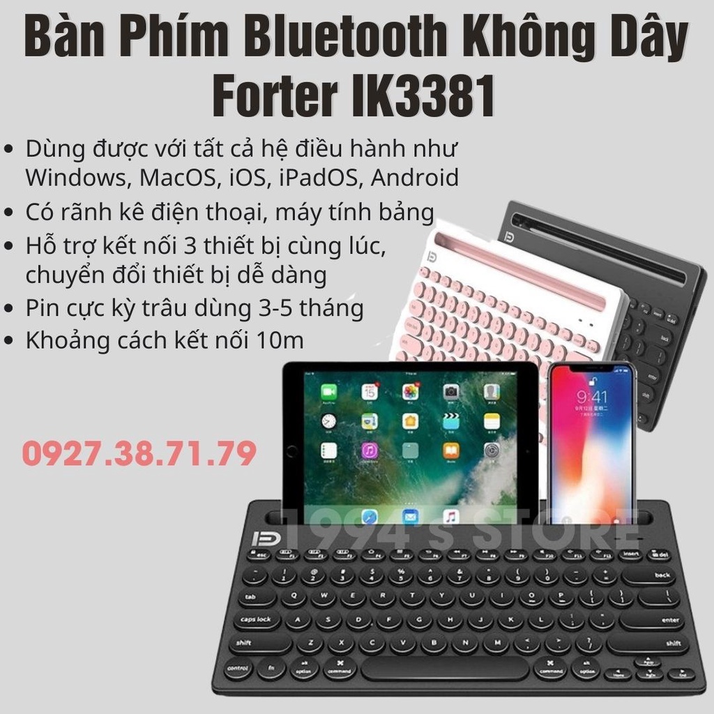 IK3381 - Bàn Phím Không Dây Bluetooth - Dùng cho Điện thoại, Máy tính bảng, PC, Laptop - Kết nối cùng lúc 3 thiết bị