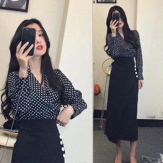 - Set sơ mi chấm bi chân váy vạt chéo- inbox shop