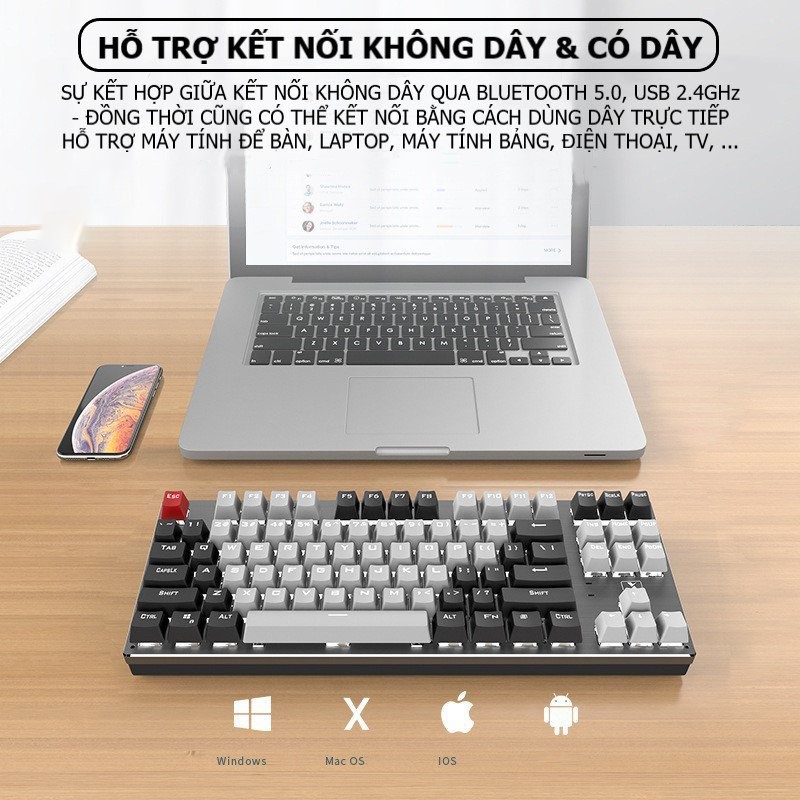 BÀN PHÍM CƠ BLUETOOTH KHÔNG DÂY RF87 LED RGB ĐẸP,BÀN PHÍM MÁY TÍNH, ĐIỆN THOẠI MÁY TÍNH BẢNG/