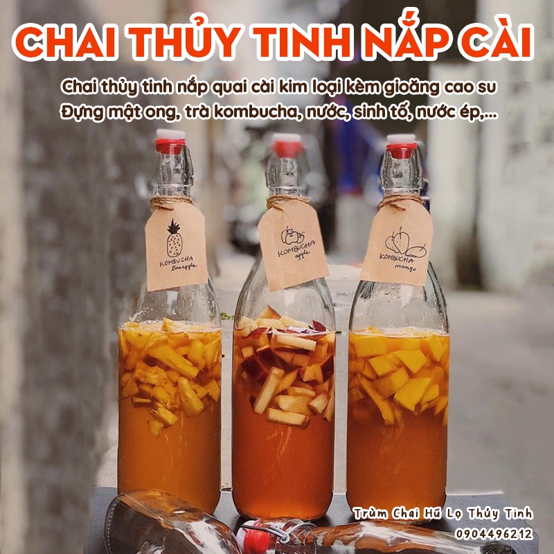 Chai thủy tinh nắp cài 500ml, 1000ml (Chai trơn, không in hình) - Đựng mật ong, trà kombucha, nước, sinh tố, nước ép,...