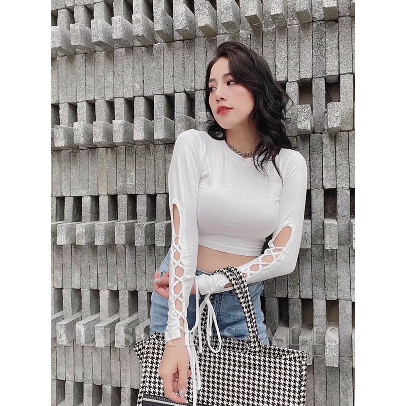 Áo Thun Croptop Nữ Kiểu Tua Đan Dây Dài Tay Ôm Body_ Áo Crop Top Crt Tay Dài  Đan Dây Tay Dài Cổ Tròn Màu Trắng, Đen