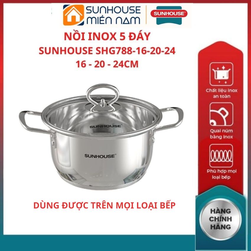 (HCM Giao 2H) Nồi inox bếp từ SUNHOUSE SHG788-16 SHG788-20 SHG788-24 5 đáy 16cm 20cm 24cm vung kính trong suốt siêu bền