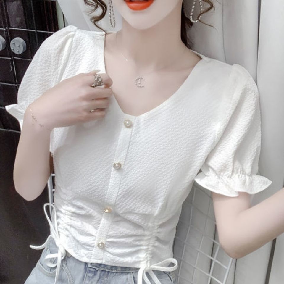 AMOI Áo Chiffon Tay Ngắn Cổ Chữ V Phối Dây Rút Thời Trang Phong Cách Phương Tây Cho Nữ