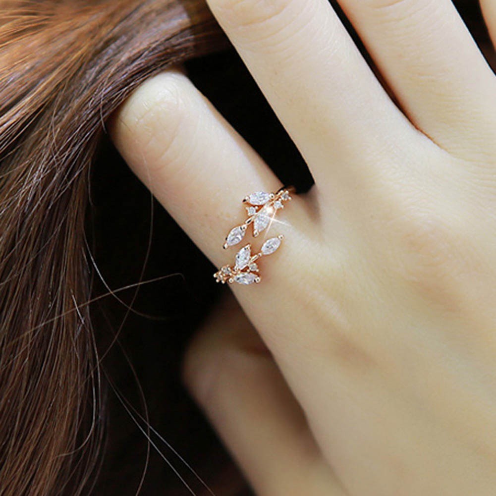 Nhẫn hở mạ bạc 925 hình chiếc lá đính đá xinh xắn