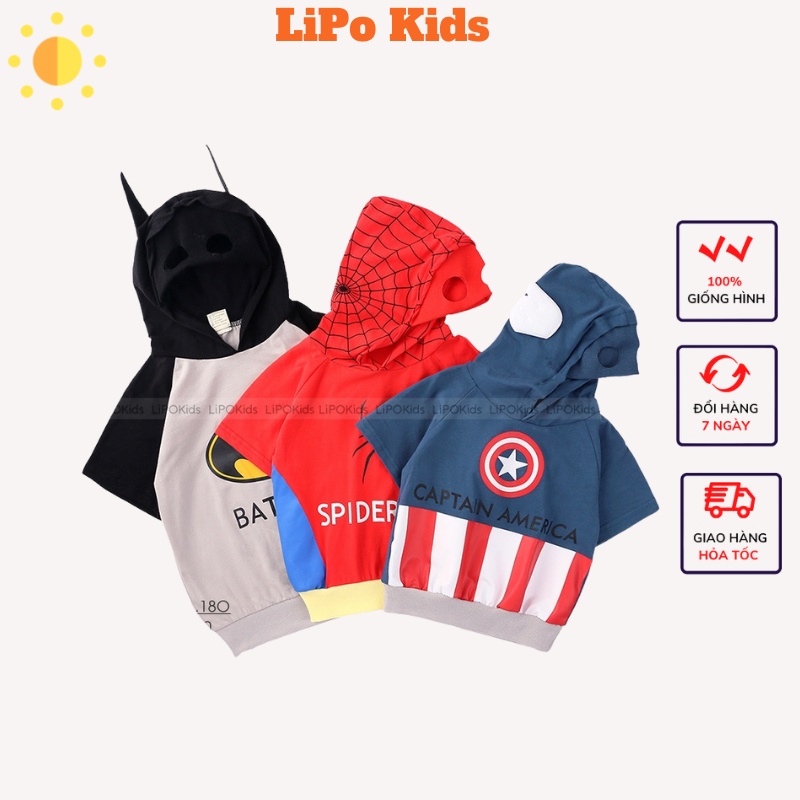 Áo thun bé trai hình siêu nhân Spiderman,Batman,Superman,chất cotton co giãn tốt, áo thun cộc tay có mũ bé trai OA021