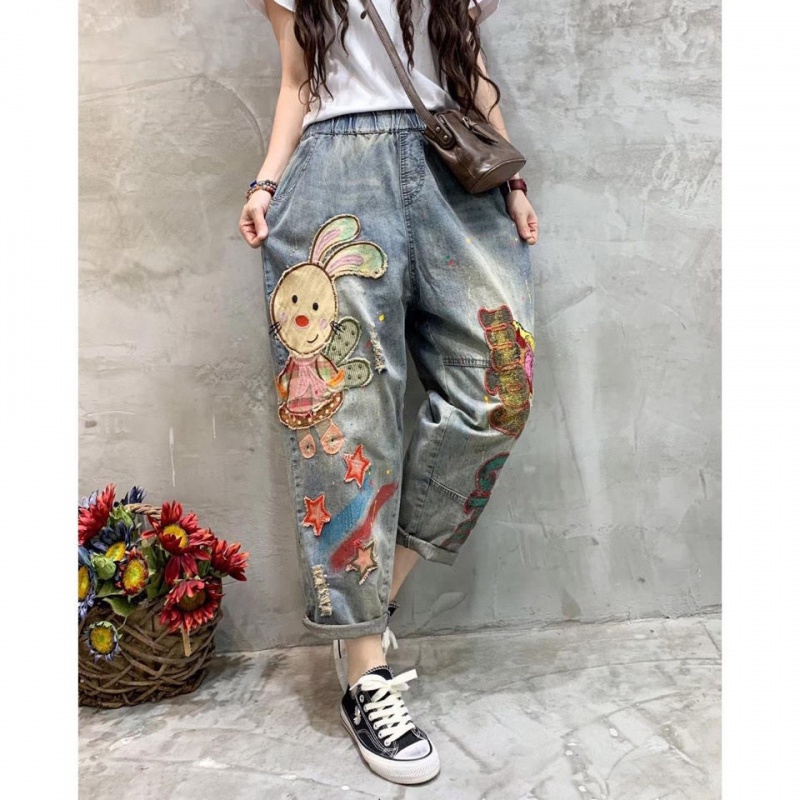 Quần Jean Dài Dáng Rộng In Họa Tiết Thỏ Hoạt Hình Kiểu Retro Cá Tính Cho Nữ