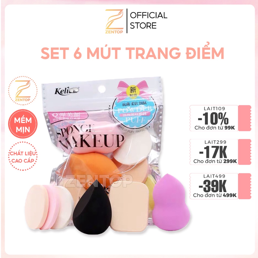 Set 6 bông mút trang điểm siêu cute đẹp mịn đàn hồi cực tốt tán kem tán phấn ZENTOP