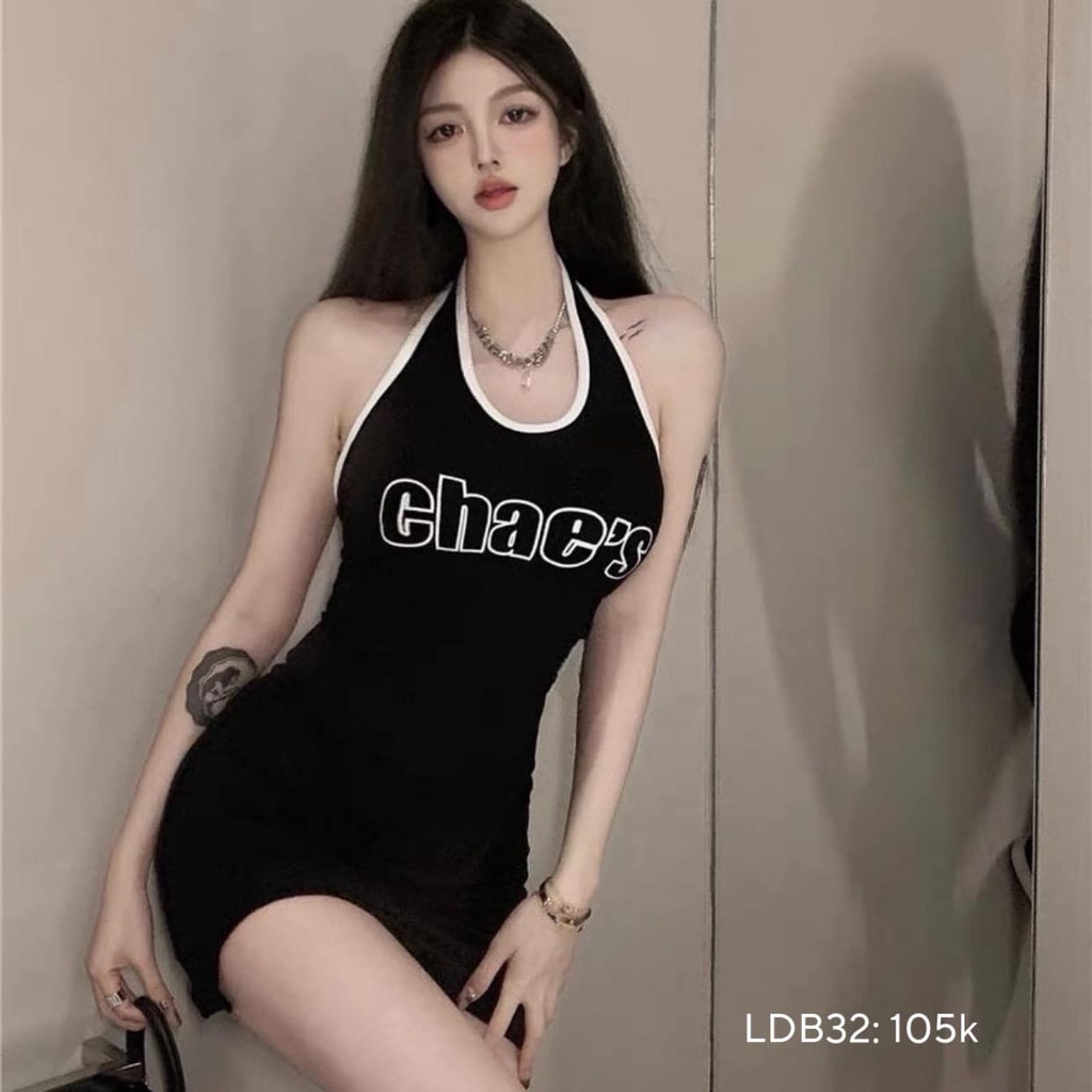 Đầm body sexy Đầm yếm body hở lưng  in chữ CHAE'S quyến rũ sang chảnh CHIBEST LDB32